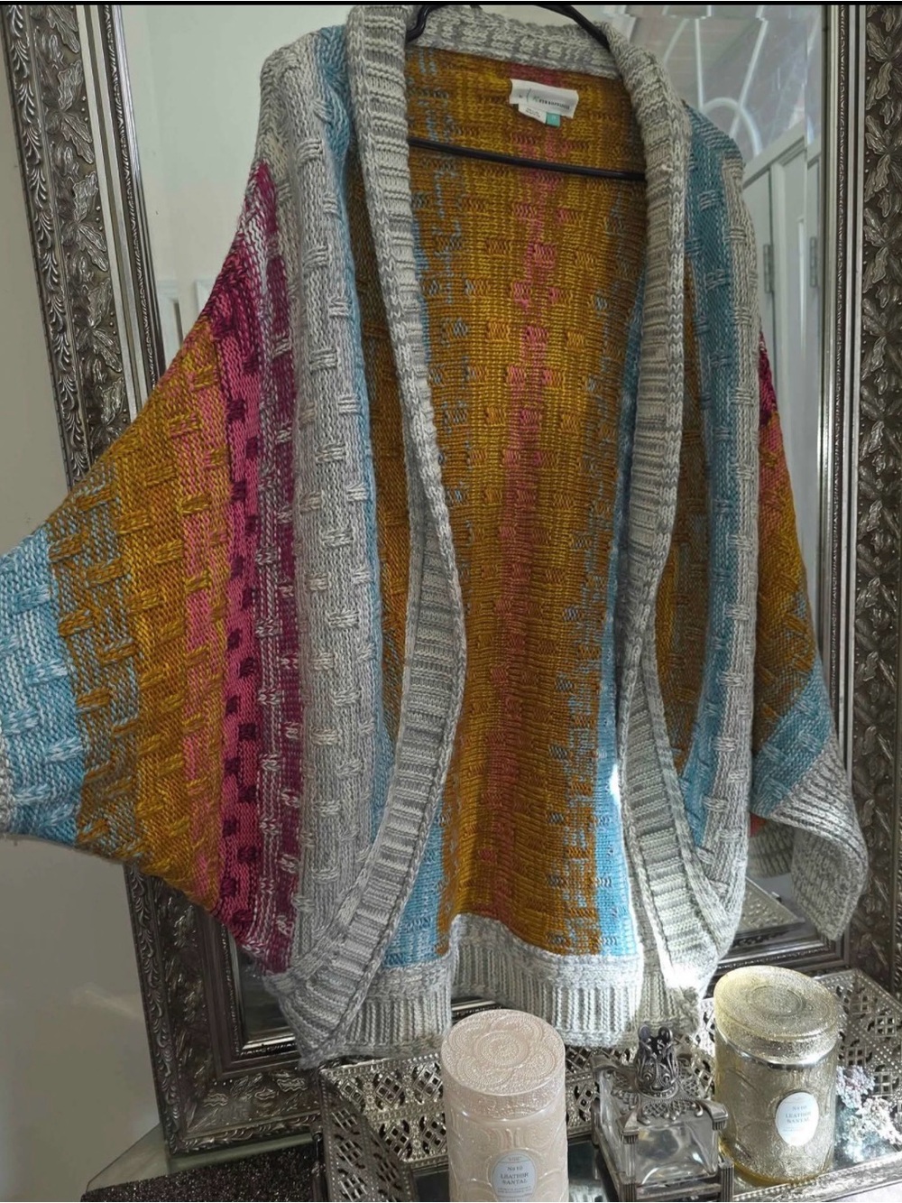Anthropologie Multicolored Open-Front Knit Cardigan — Mustard, Pink & Sky Blue